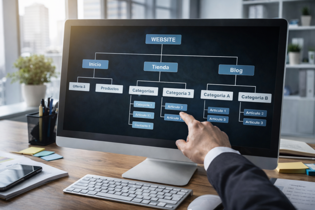 Pantalla de ordenador con una gráfica sobre una arquitectura web de una empresa