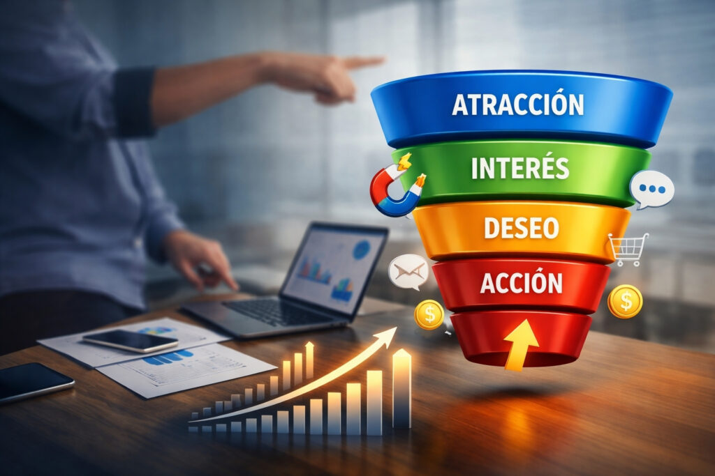 Fases del funnel de conversion de una empresa y un empleado actuando en base a ello