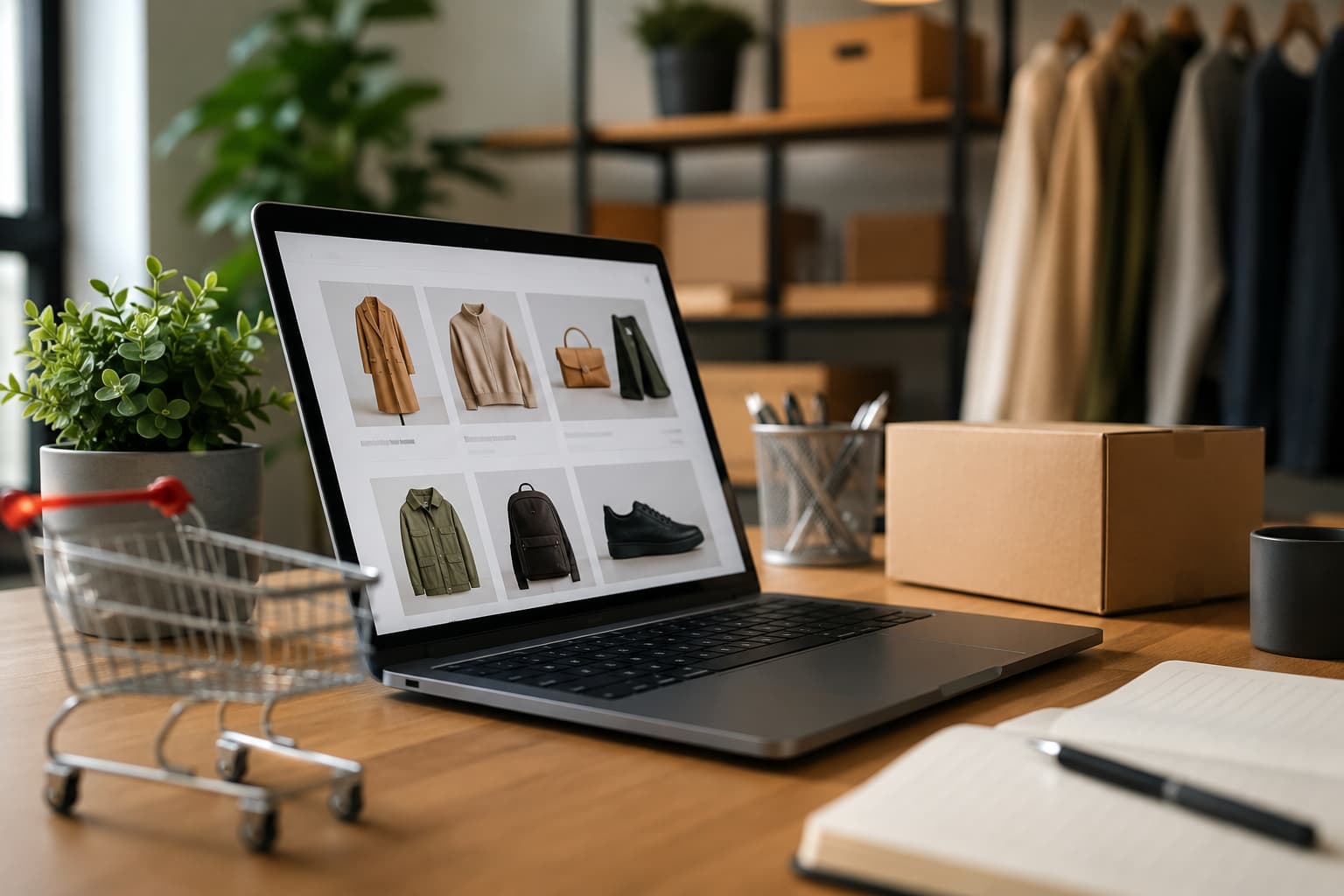Ordenador con tienda online abierta, carrito de compra y elementos de ecommerce en escritorio moderno.
